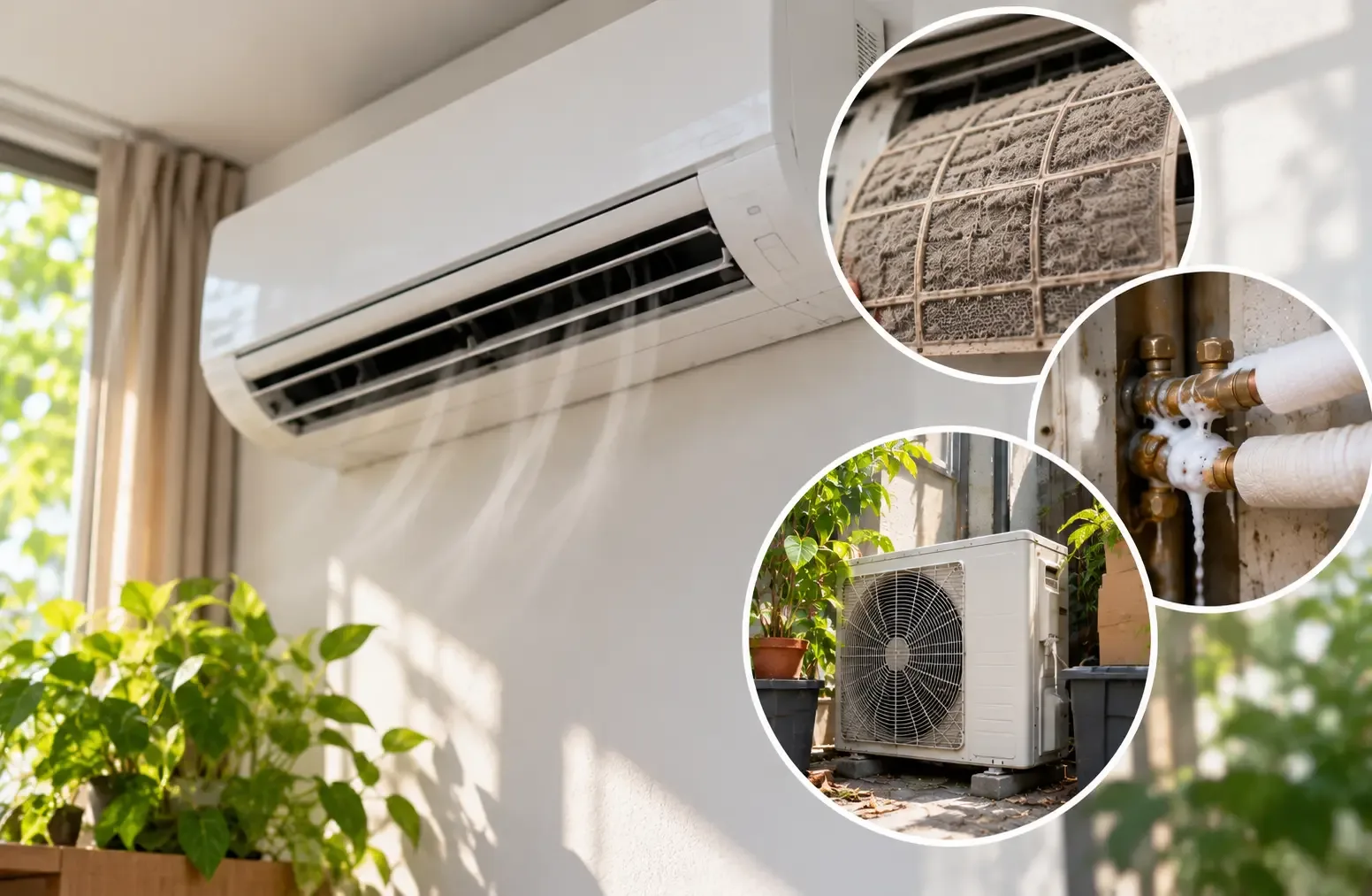 Wall-mounted air conditioner with close-up images of a dust-clogged filter, refrigerant pipe leakage, and an outdoor condenser unit obstructed by surrounding items.
